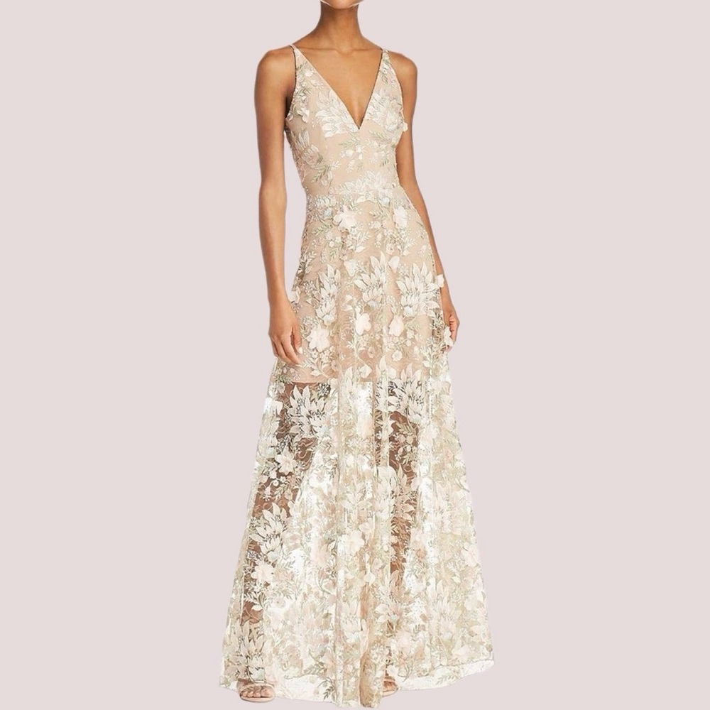Dress The Population Embellished Plunging Gown Sleeveless Floral Long Dress- NWT